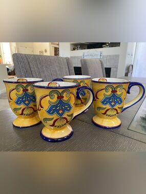 - Lot Of 4 Yellow Blue Talavera Cup Mug Pedestal Ceramic Pottery Large, Maxcera